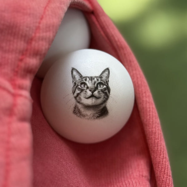 Ping pong ball with a cat illustration held by a pink fabric
